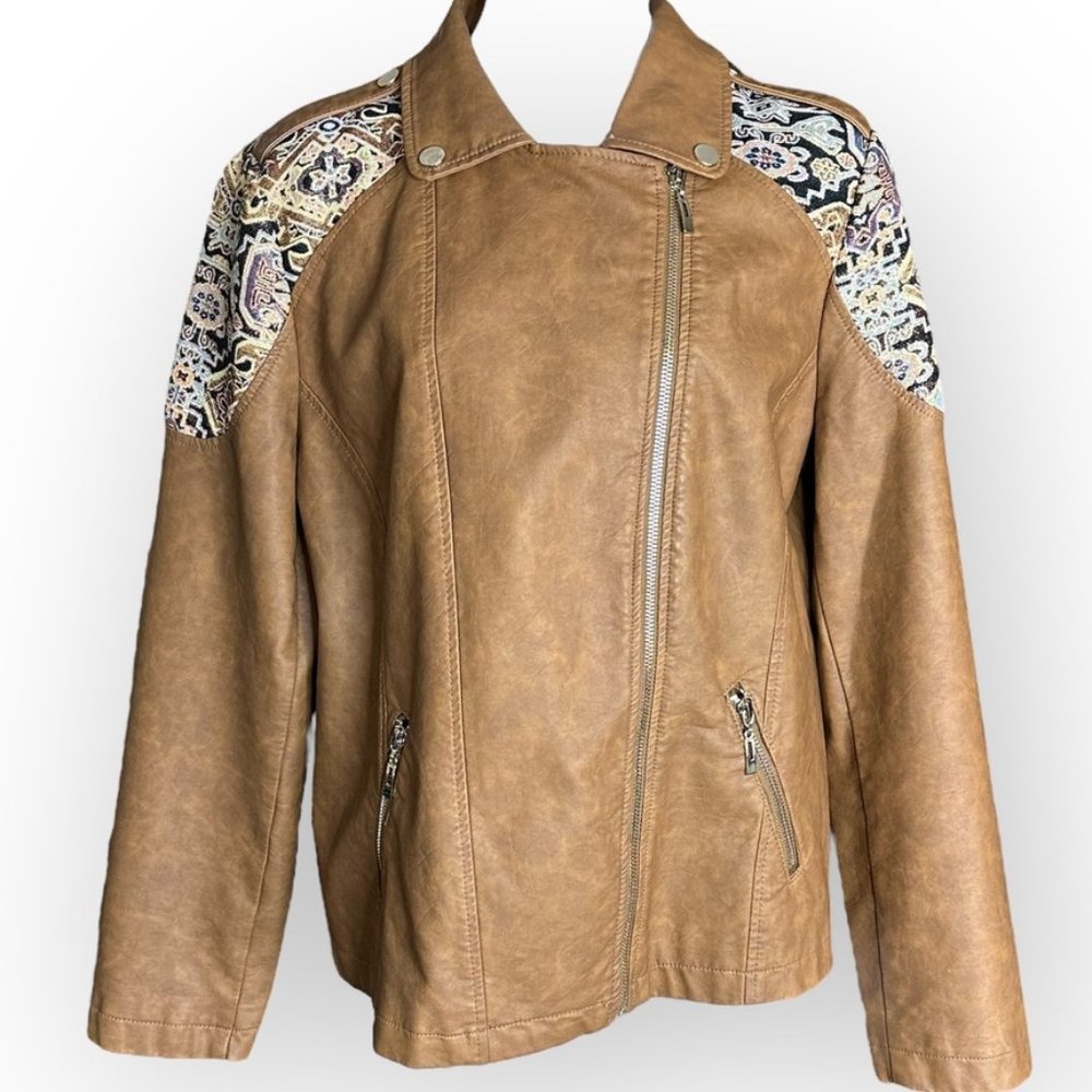 CHICO'S Faux-Leather Jacquard Moto Jacket Size 2/ 12 - Picture 3 of 9